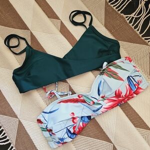 Two Women’s Two-Piece Swim Top Set — Emerald Green & Tropical Floral